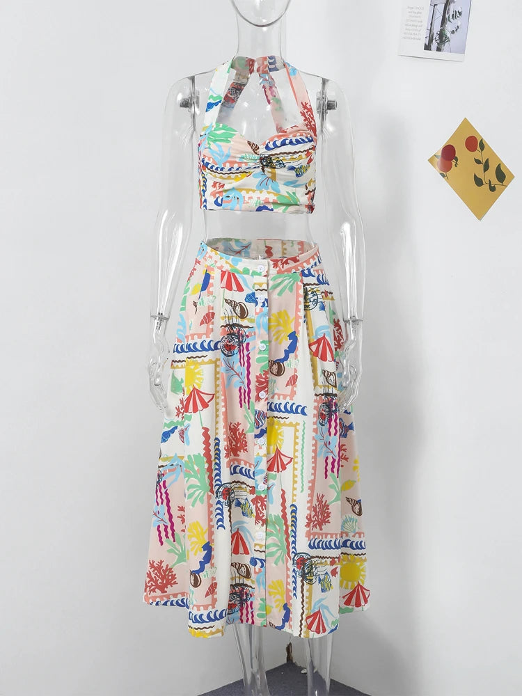 Colorful Printed Suspenders Skirt Set Women Patchwork Quilted High Waist Skirt Two Piece Summer