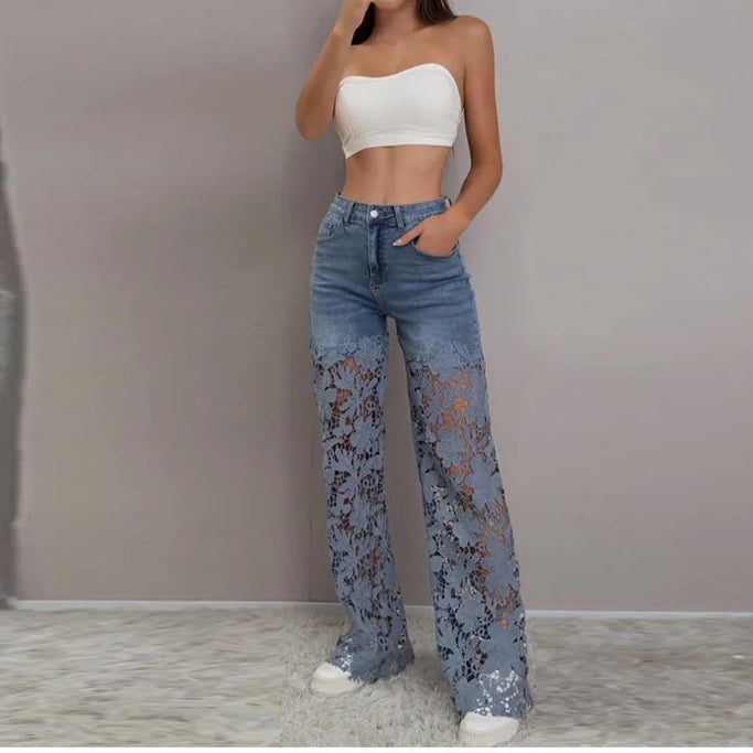 Urban Crochet Denim Women Pants Hollow Out Zippers Pocket Button Female Trousers