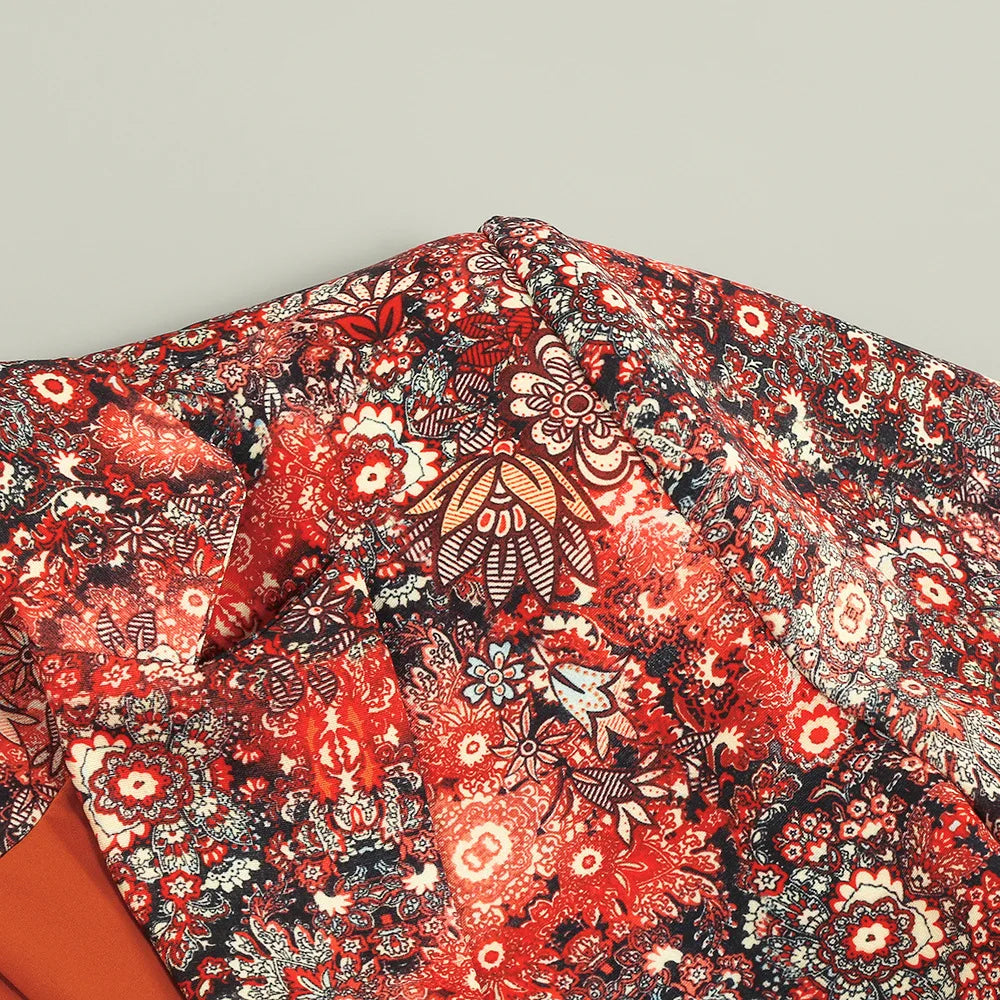 High-end Women's Blazer Dress Cuffs Adorned with Feather Print Dress