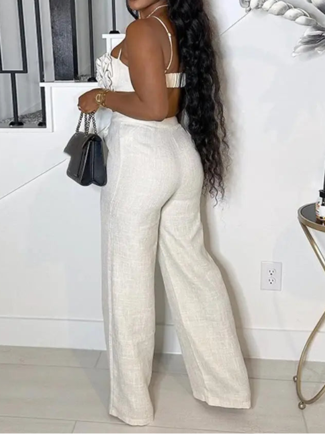 Elegant 2 Piece Sets Women Sexy 3D Flower Crop Camisole and Straight Leg Pants Set
