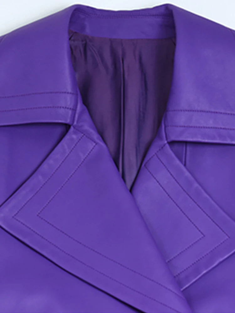 Elegant Purple Colored Faux Leather Trench Coat for Women Sashes Runway Coat