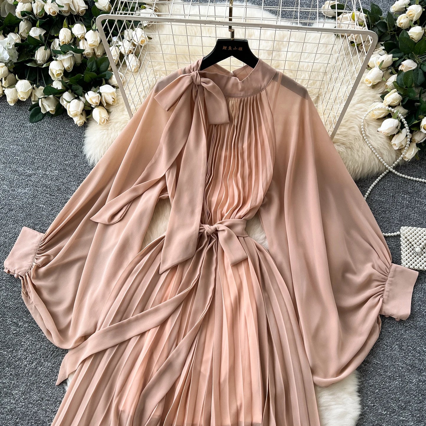 Women Elegant Long Flare Sleeves Vintage Bow neck Bow Loose Midi Dress