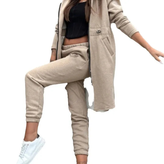 Women Pant Set Hooded Zipper Long Coats Two Piece Suits Casual Straight Pants