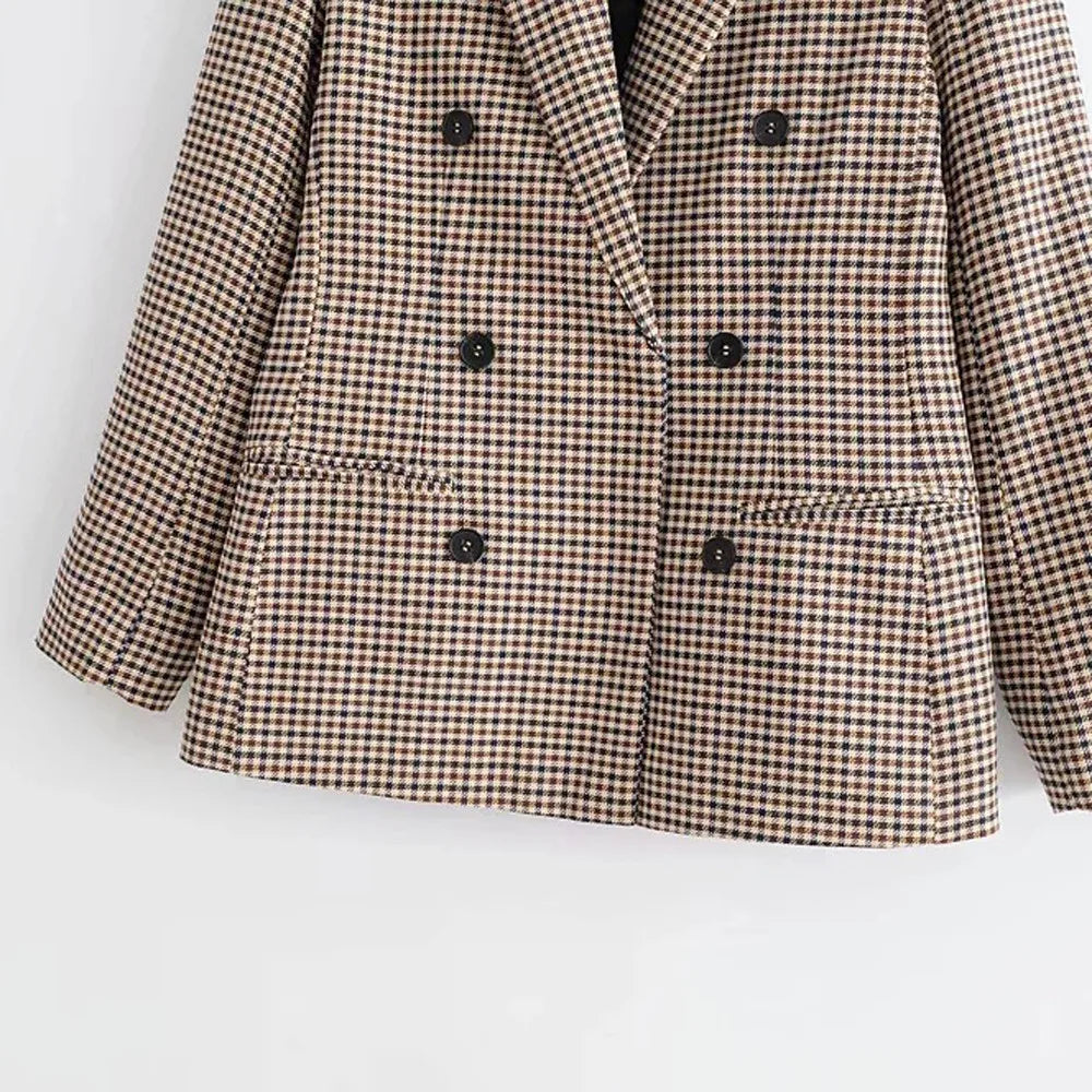 Women's Elegant Open Front Coat Retro Button Suit Coats Plaid Long Sleeve Flannel Lapel Blazer