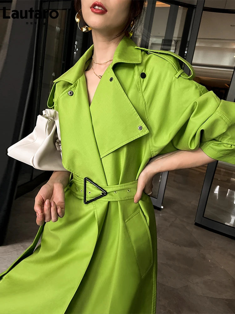 Luxury Long Oversized Bright Green Faux Leather Trench Coat for Women