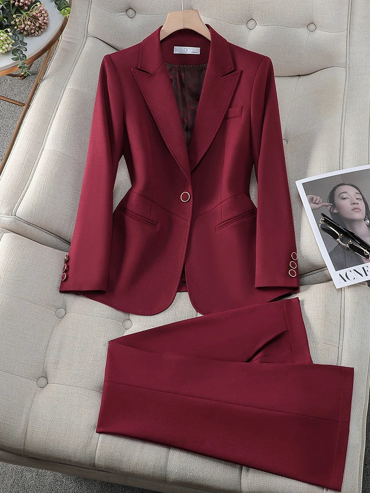 Formal Pant Suit 2 Piece Set Women Green Khaki Red Female Long Sleeve Business Work Wear Blazer