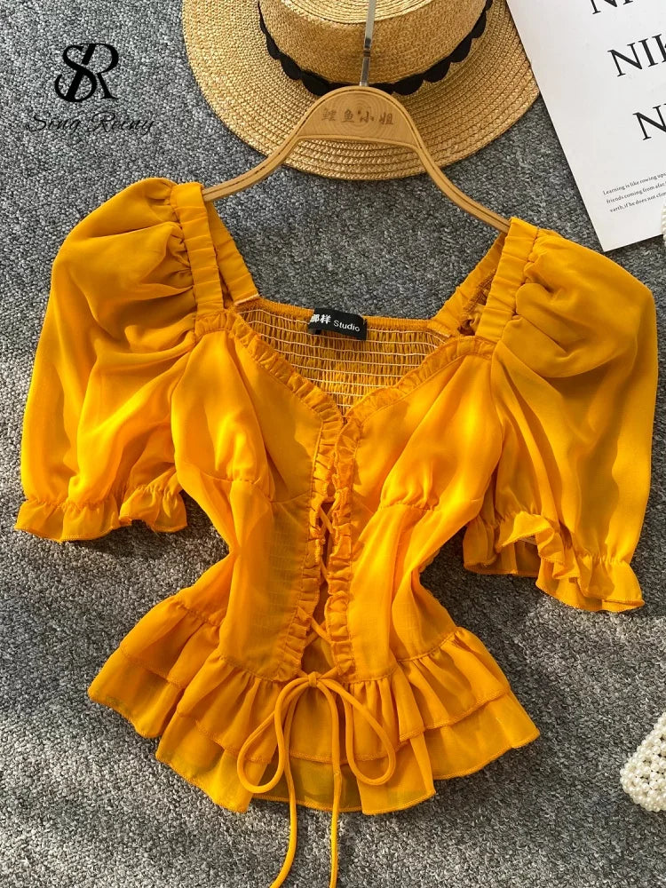 French Style Chiffon Blouse Square Neck Short Sleeves Ruffles Lace Up Beach Top