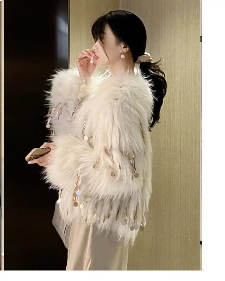 Faux Fur Grass Sequined Tassels Coat Women's Short Beaded Fringed Bomber Jacket
