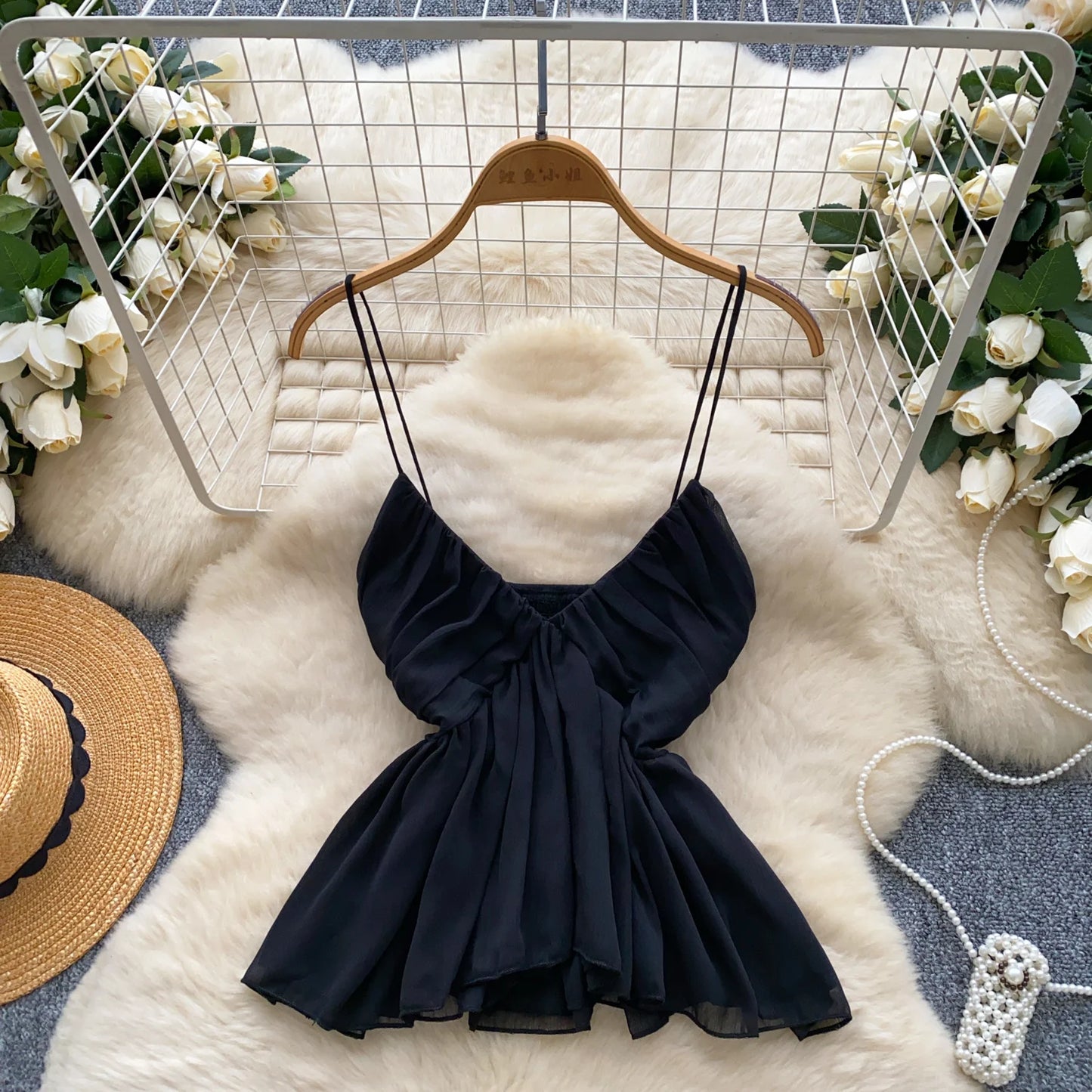 Chiffon Tops Straps Deep V Backless Top Ruffles Short Tank Top Vacation Style Sexy Tops