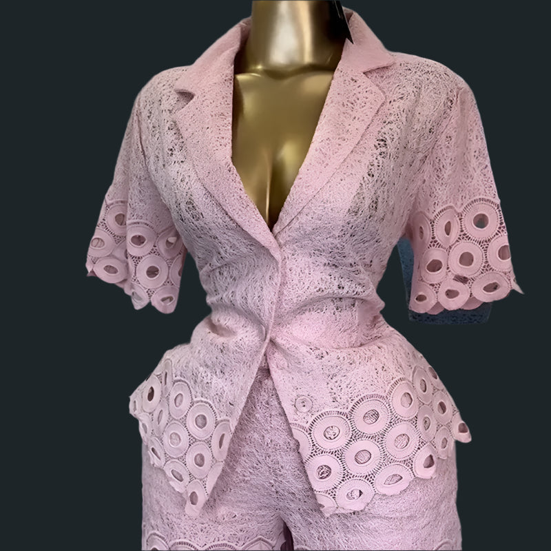 Lace Embroidery Women's Set half Sleeve Shirt and Shorts Two 2 Piece Sets Outfit
