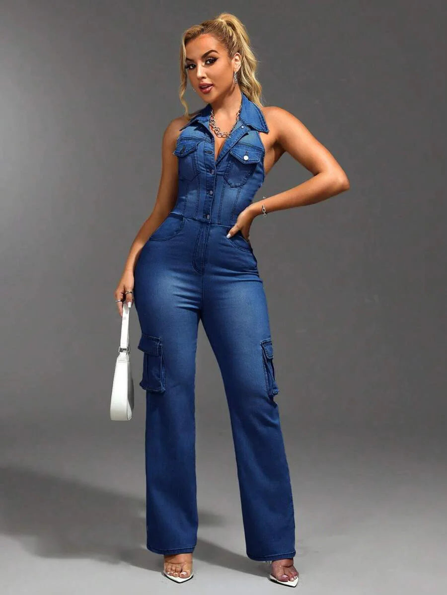 Denim Cargo Romper Sexy Women Halter Elegant Denim Casual Jumpsuit Overalls