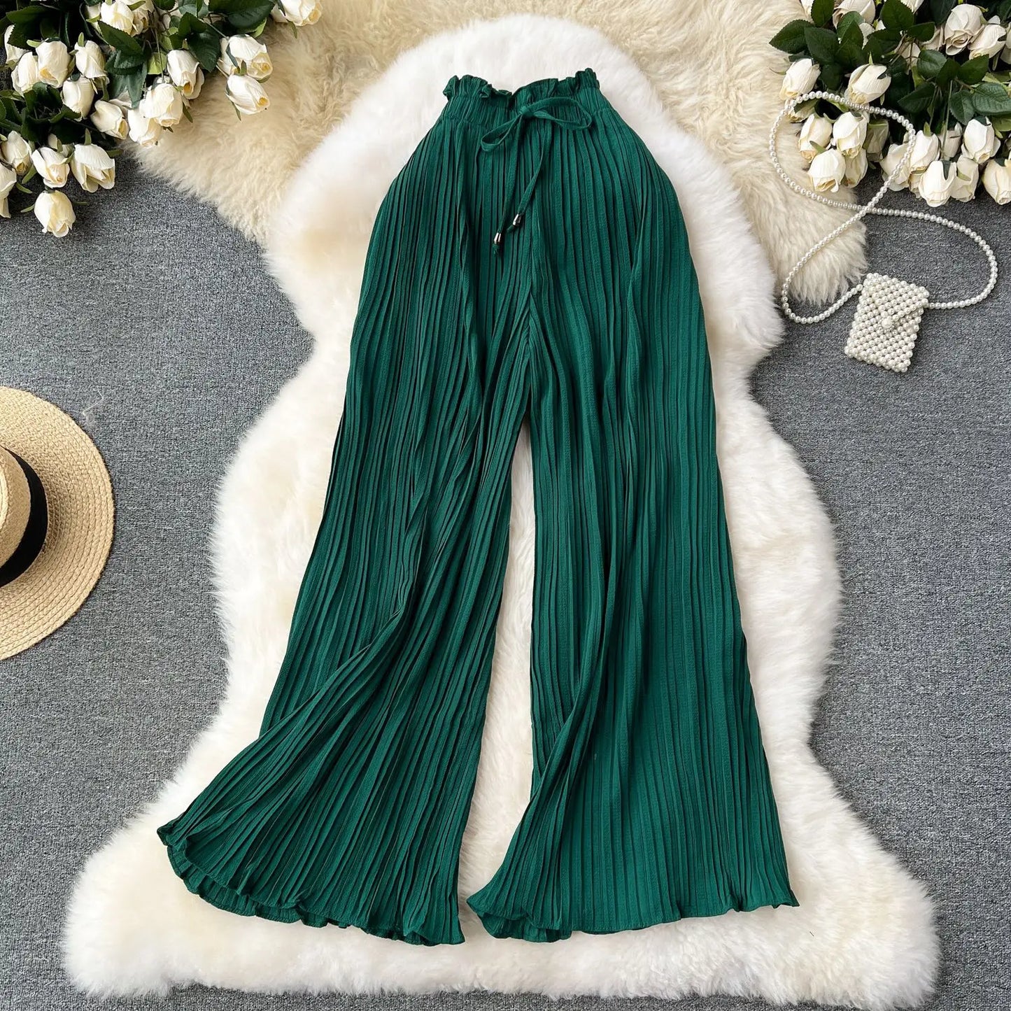 Women Long Pants Wide Leg Pant Solid Loose Casual Lace Up Tight High Waist Capris Regular Pleated Trousers