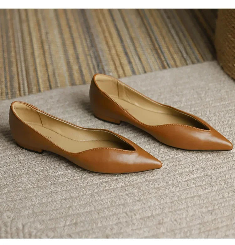 French Pointed Leather Shoe Simple Comfort Sheepskin Elegant Low Heel Shoes