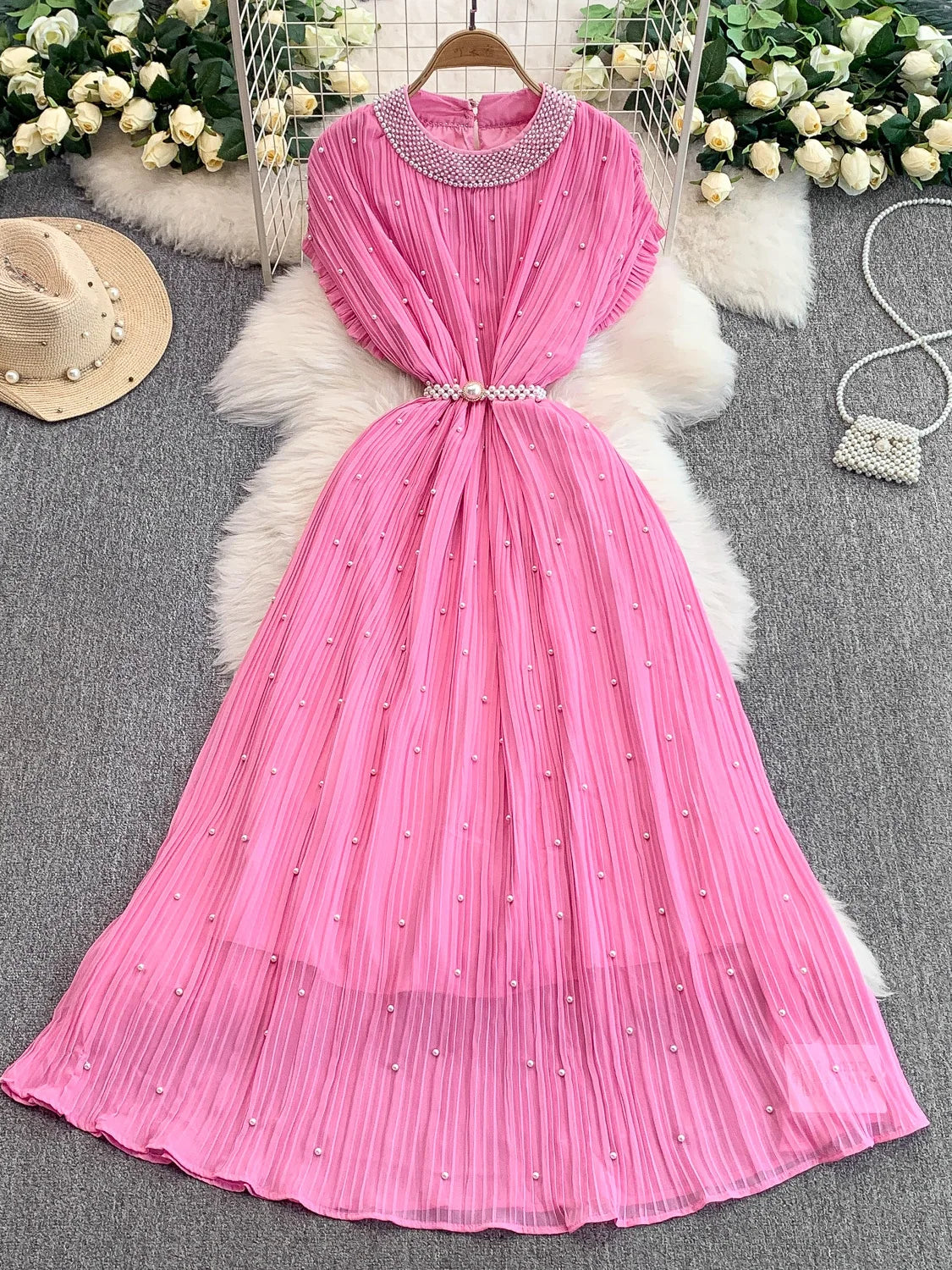 Summer Luxury Pearls Long Chiffon Dress For Women Loose Big Size Short Sleeve Crystal Birthday Evening Midi Pleated Dresses