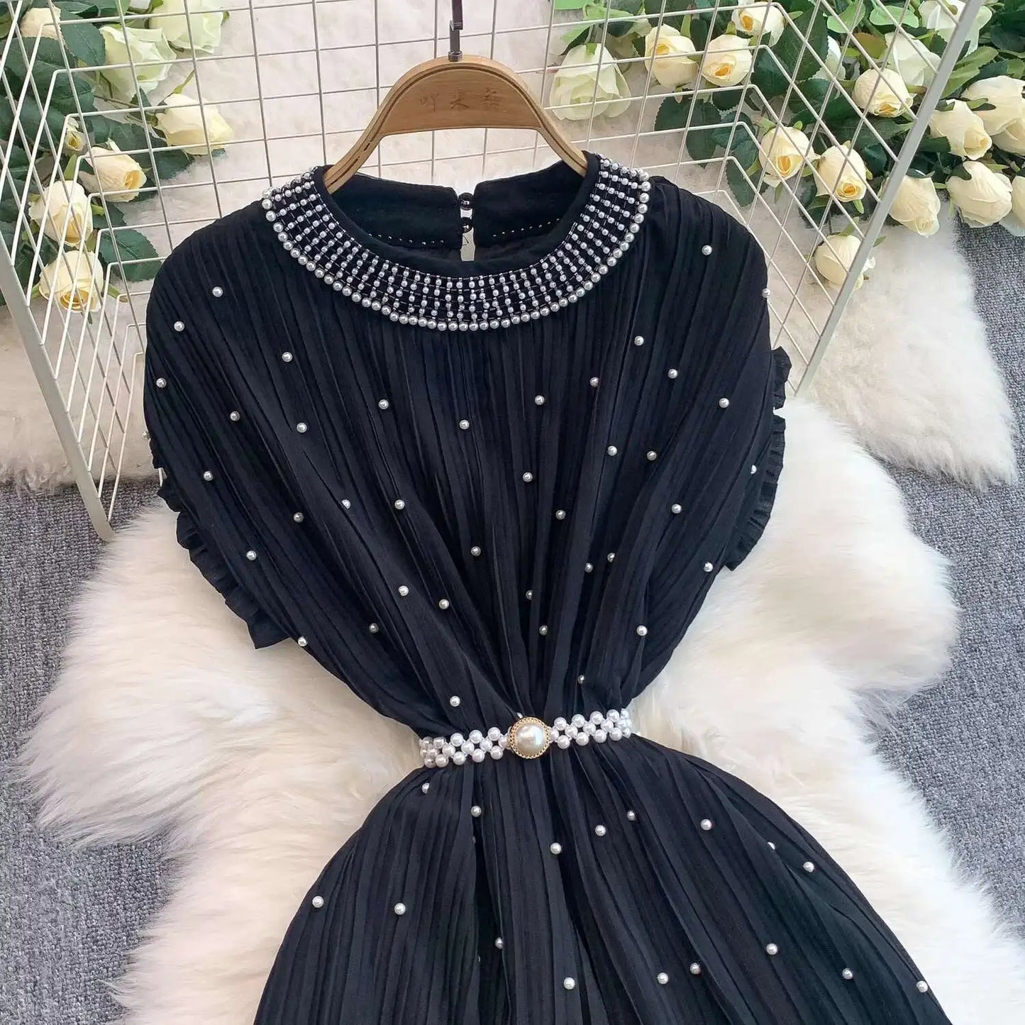 Summer Luxury Pearls Long Chiffon Dress For Women Loose Big Size Short Sleeve Crystal Birthday Evening Midi Pleated Dresses