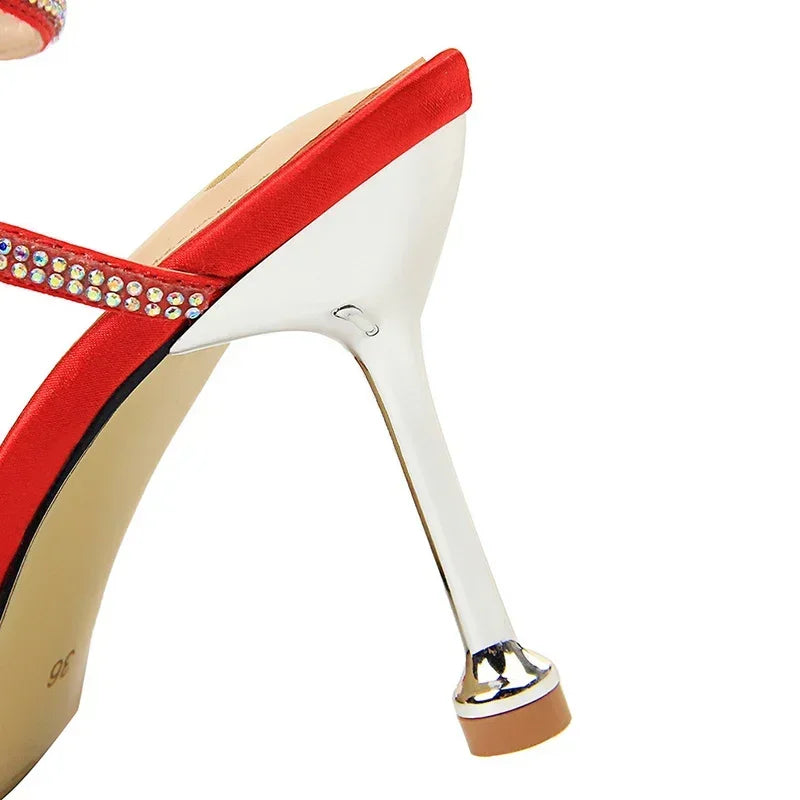 Women Luxury Party 8.5cm High Heels Summer Sexy Nightclub Sandals Female Red Green Ankle Strappy Roman Gladiator Crystal Sandles
