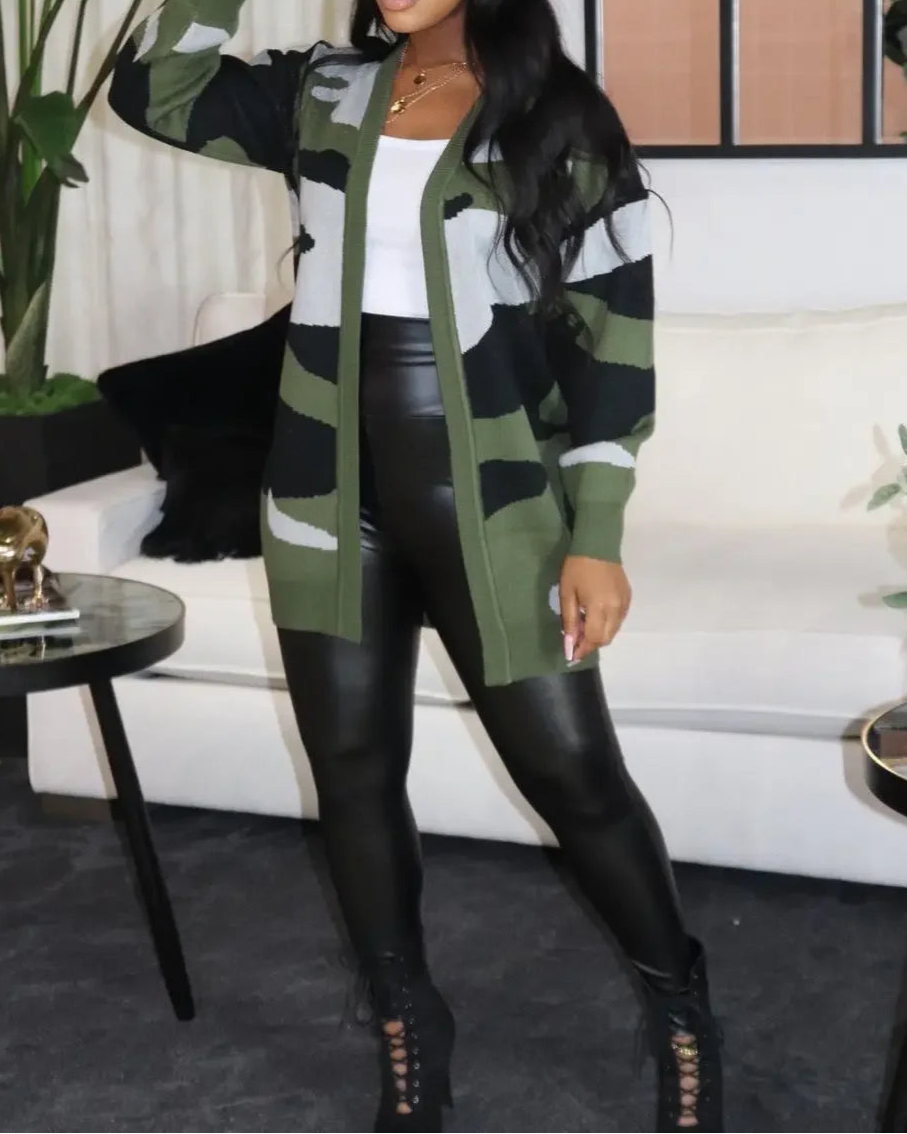 Women Camouflage Long Sleeve Open Stitch Cardigans Sweater Tops