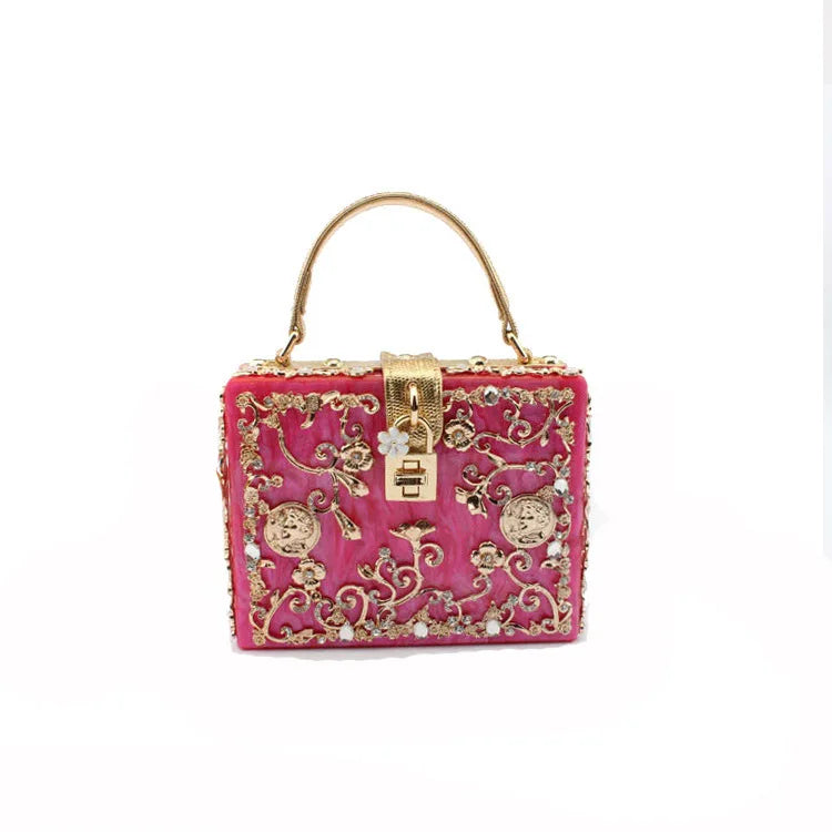 High-Grade Crystal Evening Bag Female New Hollow Out Metal Carved Flower Diamond Handbag