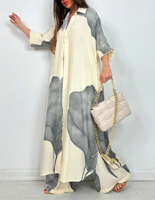 Elegant Lady Two Piece Set Printed Long Shirt Top + Wide Leg Pants 2-piece Outfit Oversized Sets