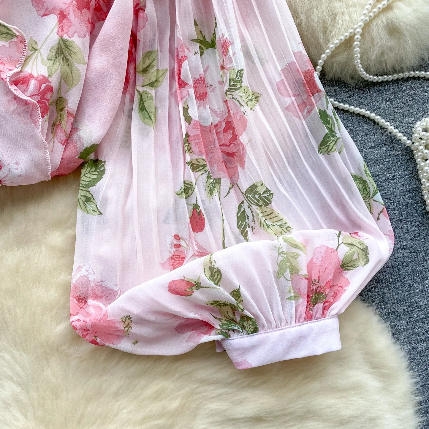 Floral Print Loose Shirt Women Lantern Sleeve V Neck Thin Causal Ruffle Blouse