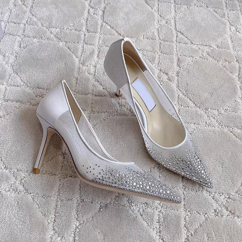 Mesh Pointed Shallow Mouth Sexy Pump Heels Stiletto Shoes Bridal Shoes