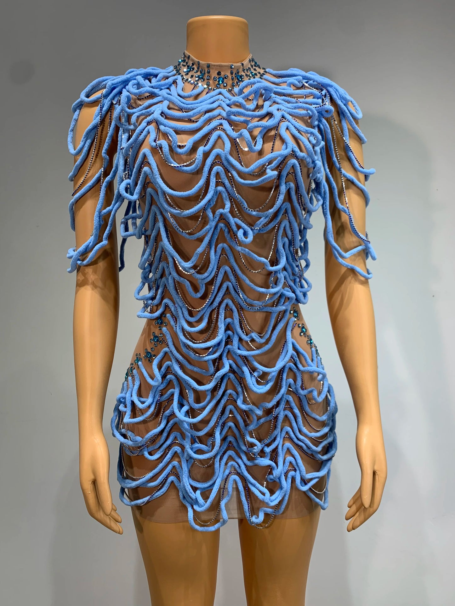 Mesh Rhinestones Chain Mini Dress Nightclub Party Performance Outfit