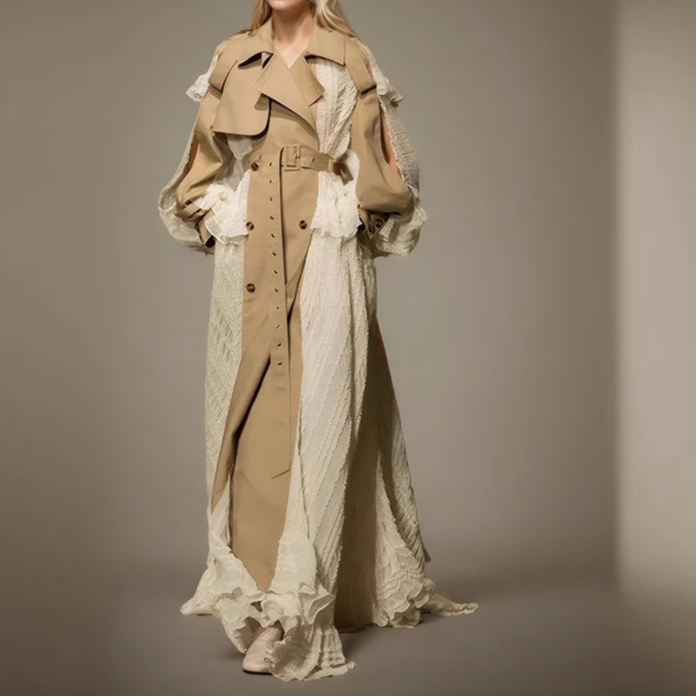 Lace Patchwork Trench Coat Women's Lapel Loose Double Breasted Windbreaker