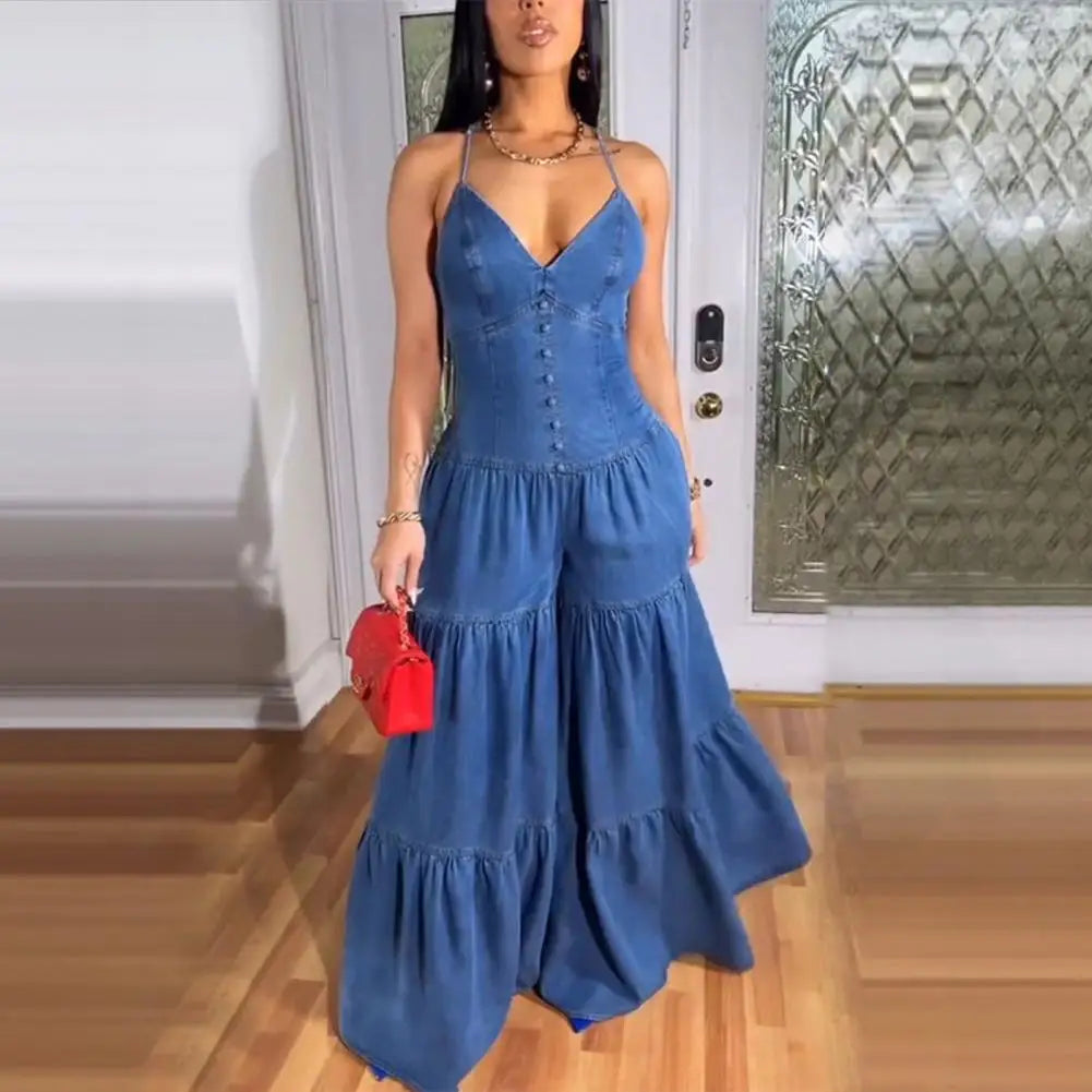 Stylish Women's Sleeveless Jumpsuits Casual Flowy Overalls Sexy Halter Rompers for Summer
