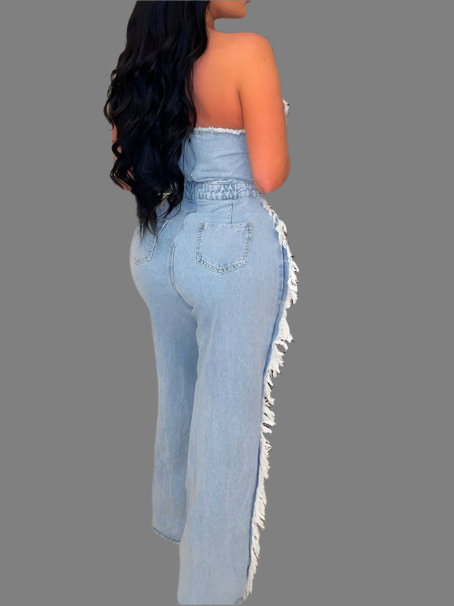 Slim Fit Denim V-neck Backless Tassel Trendy Jumpsuit Women's Strapless High Waist Ripped Pocket Sexy Street Rompers