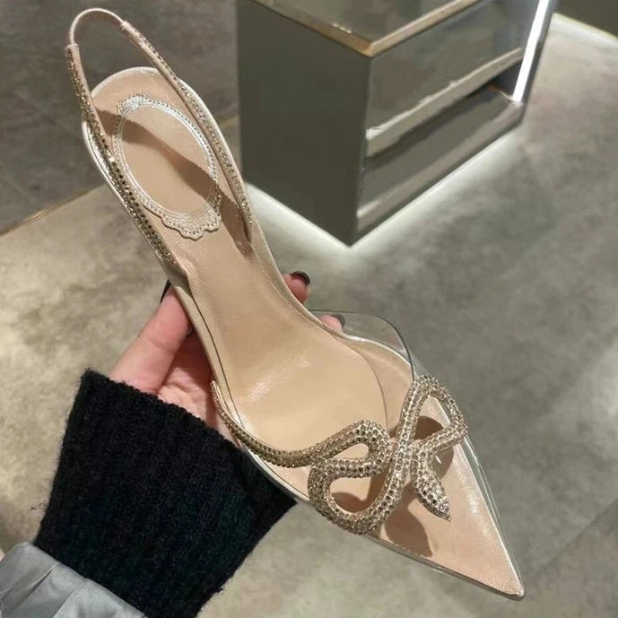 Clear Rhinestone High Heels Women's Thin Heels Pointed Sandals Transparent Buckle Shoes