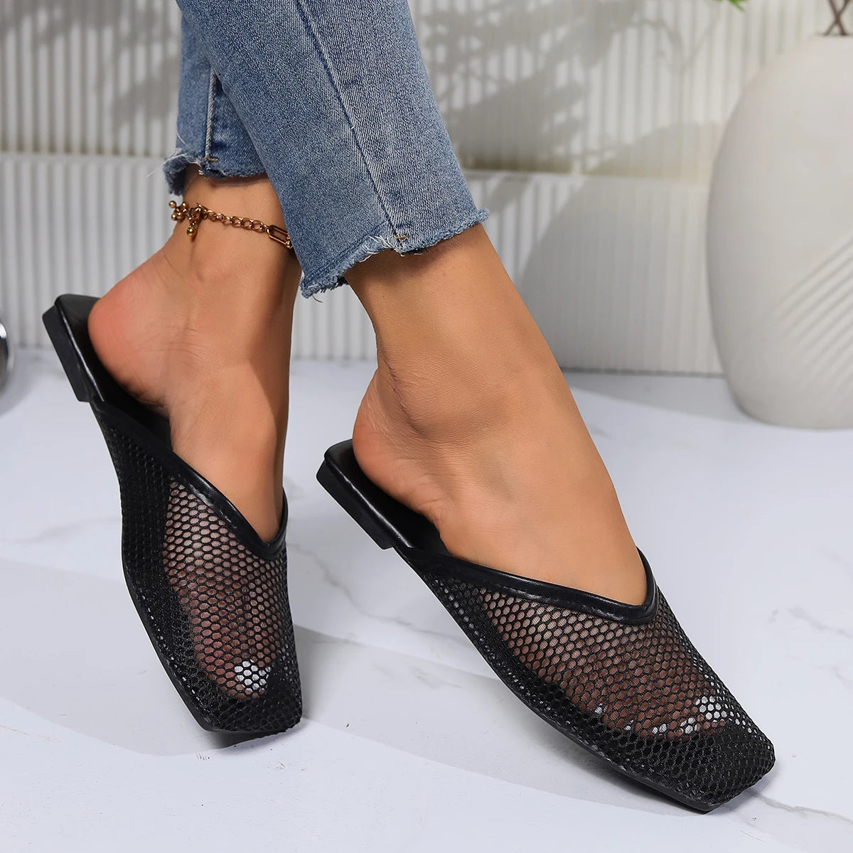 Flats Mules Women Slippers Mesh Sandals New Square Toe Slippers