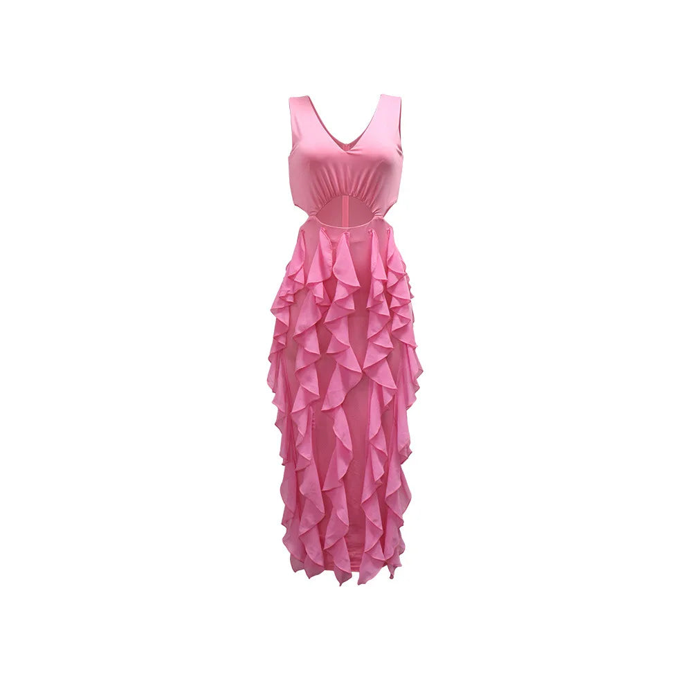 Wedding Guest Dress Women Sleeveless V-neck Ruffle Bodycon Midi Dress Birthday Outfit
