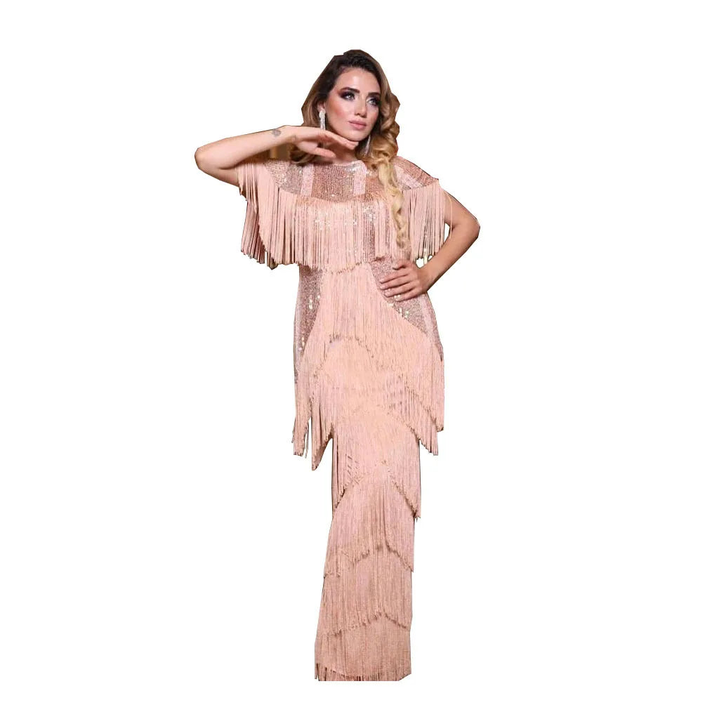 Women Sexy Fringed Embellished Bodycon Celebrity Evening Dress