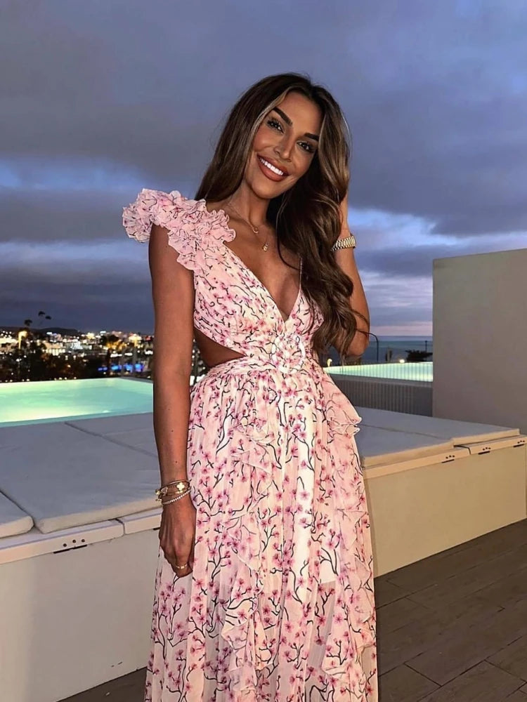 Ruffle Floral Split Vacation Party Beach Dress