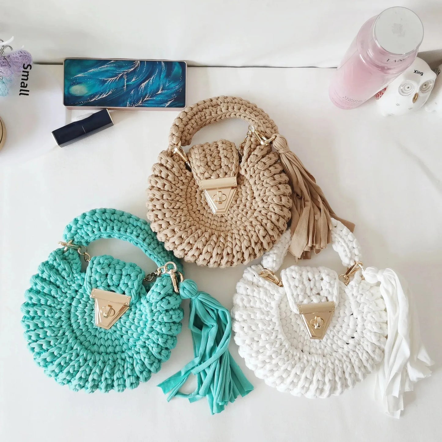 Bohemian Women's Solid Color Hook Knit Bag Round Fringed Small Crossbody Bag Soft Material