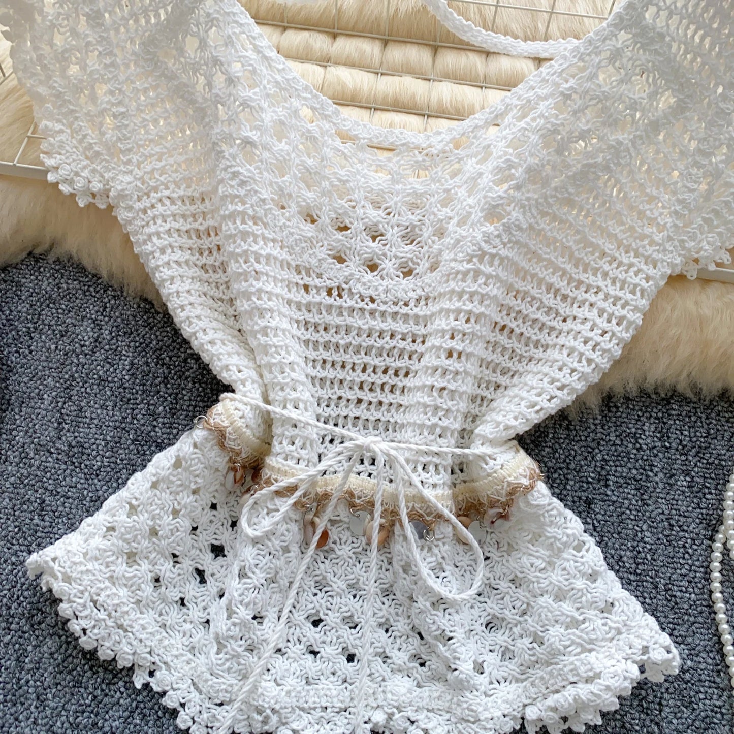Bohemian Tassel Knit Tops Women Lace Up V Neck Elastic Summer Blouse Vacation Blouse
