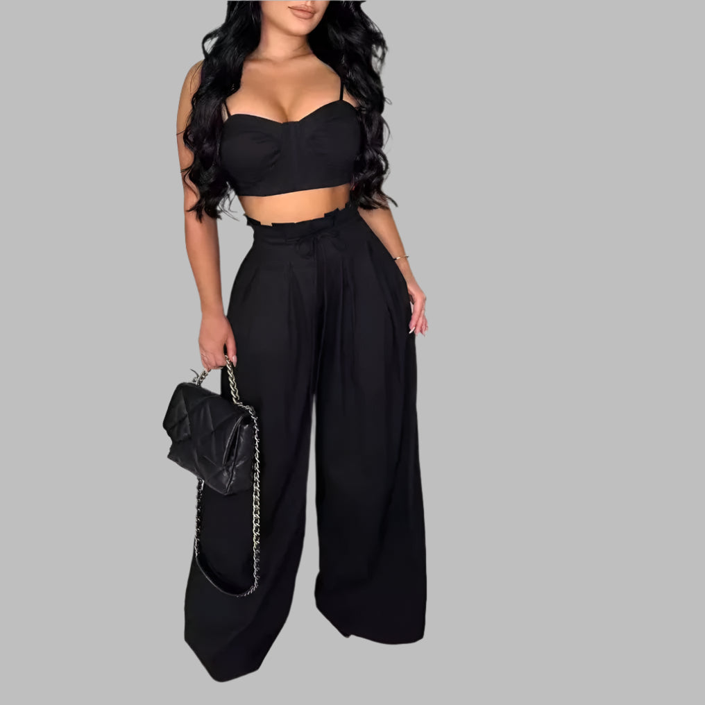 Sexy Zip Crop Camisole and High Waisted Drawstring Wide Leg Trousers 2 Piece Women Pants Suit Streetwear