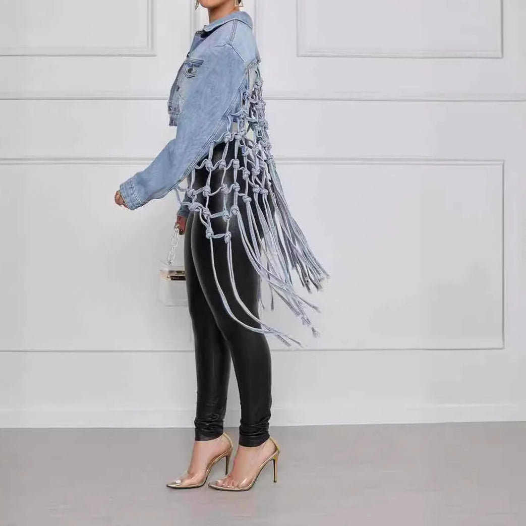 Women Denim Jacket Back Grid Fringe Personalized Jacket Coat