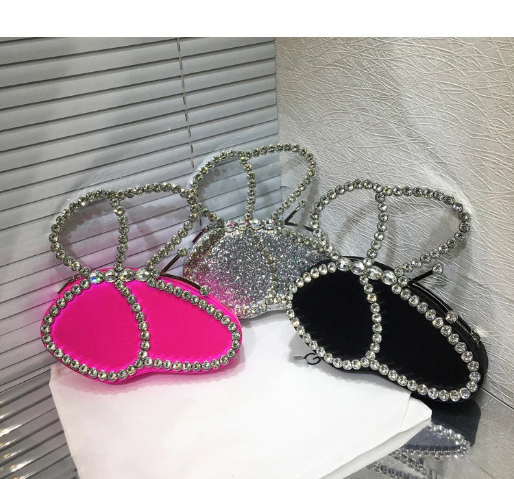 White Rhinestone Pink Butterfly Wedding Evening Clutches Party Prom Purse