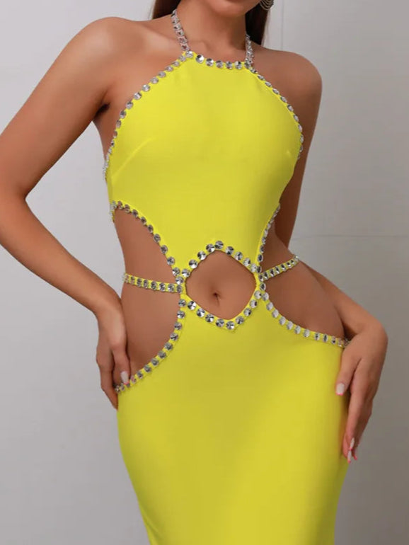 Sexy Backless Halter Beading Maxi Long Lemon Bandage Dress Cocktail Dress
