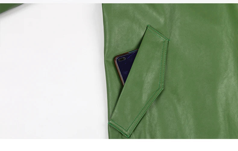 Long Green Pu Leather Trench Coat for Women with Back Slit Sashes Single Breasted