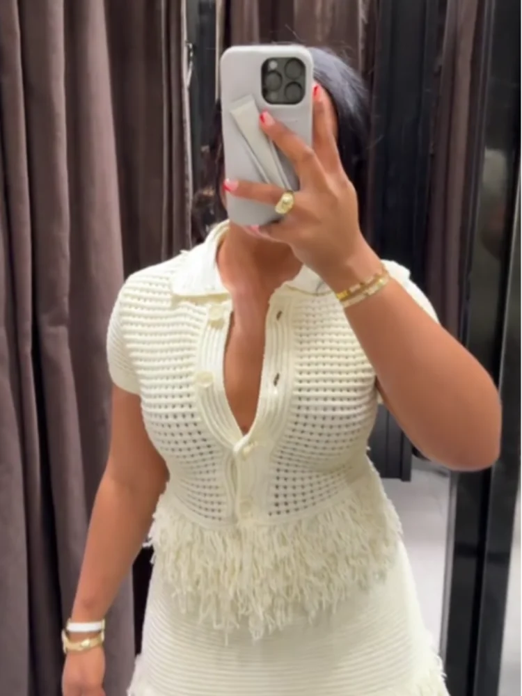Knit Tassel Skirt Sets Women Hollow Out Lapel Single Breasted Short Sleeve Tops Mini Skirts