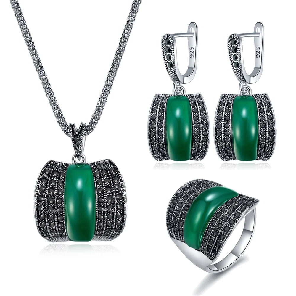 Antique Geometric Green Stone Ring Necklace And Earrings Sets for Women
