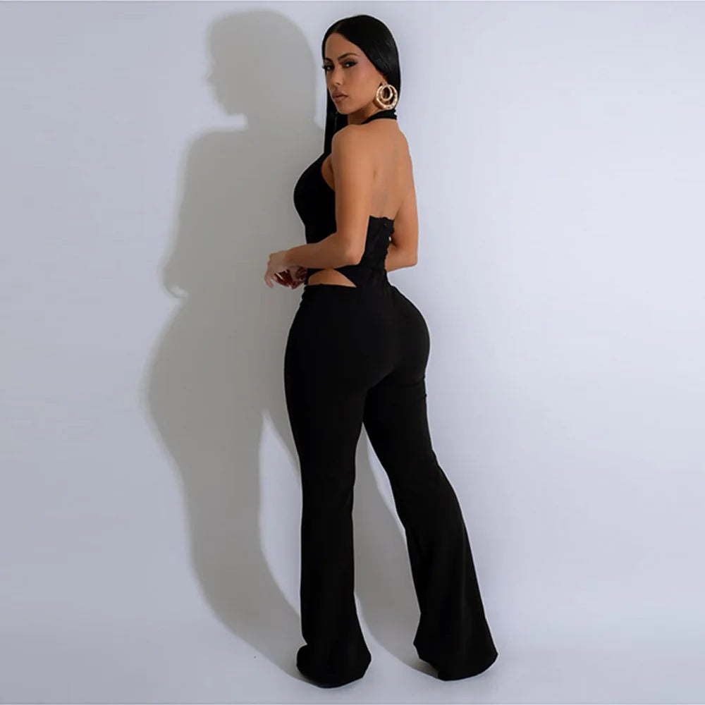 Women V-Neck Backless Straight Sleeveless Flare Jumpsuits One Piece Outfits