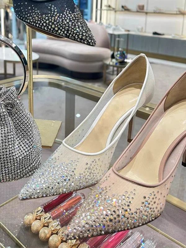 Mesh Pointed Shallow Mouth Sexy Pump Heels Stiletto Shoes Bridal Shoes