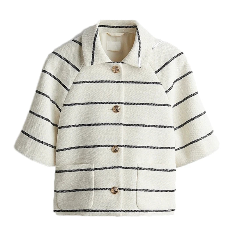 Casual Striped Women Shorts Set Lapel Single Breasted Half Sleeve Tops Pockets Mini Shorts Sets