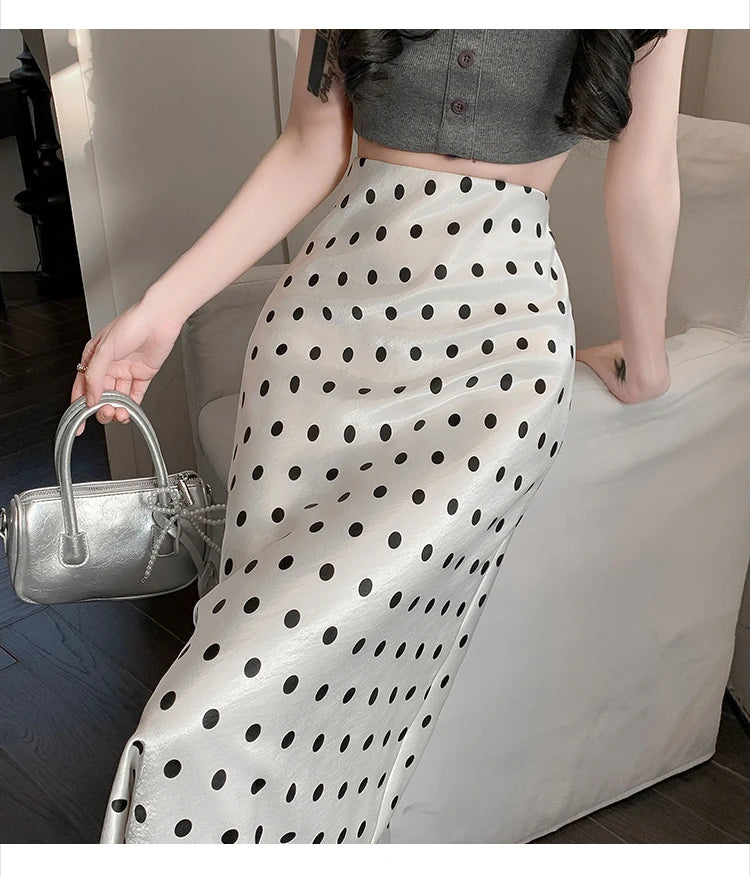 Polka Dot Satin Skirt Women's High Waist Versatile Elegant Dot Long Skirt
