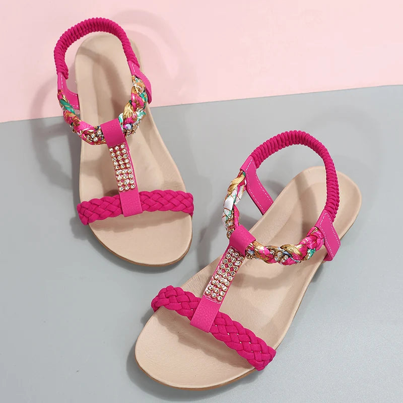 Flat Sandals for Women Rhinestone Elastic Back Strap Gladiator Sandals Woman Comfortable Non Slip Beach Shoes