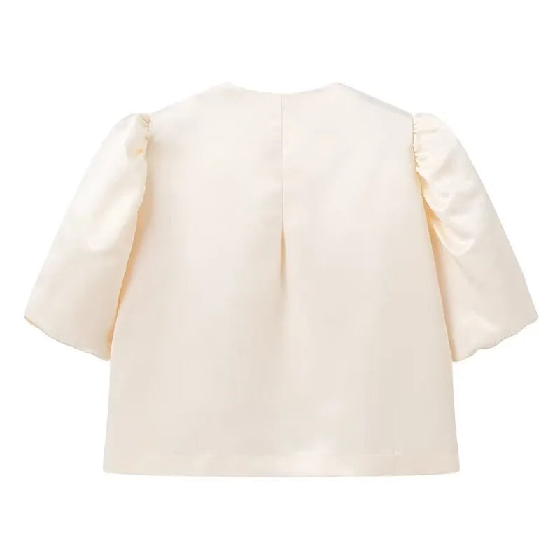 Solid Satin Women's Blouse Top With Pouf Balloon Sleeve O Neck Loose Blouses