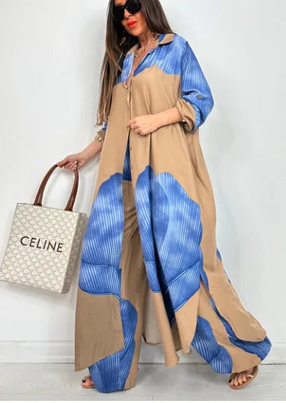 Elegant Lady Two Piece Set Printed Long Shirt Top + Wide Leg Pants 2-piece Outfit Oversized Sets